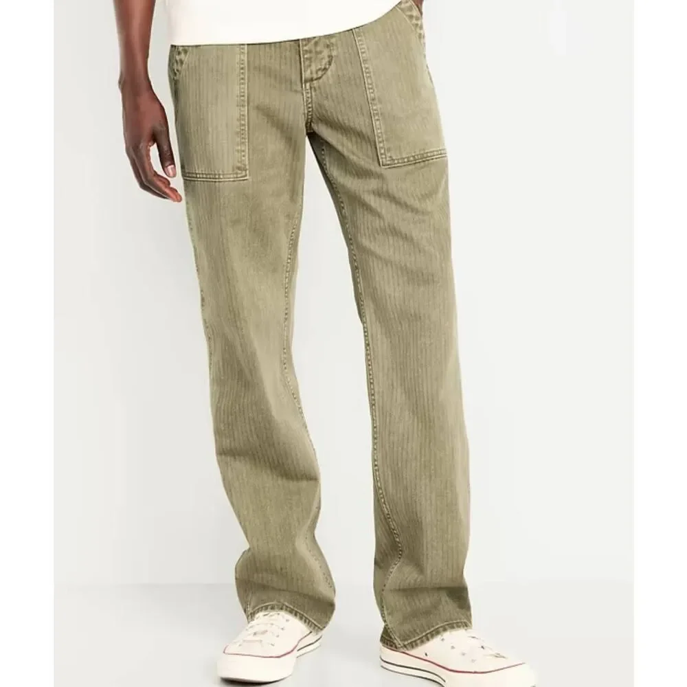 Y2K Old Navy Men's 32 x 30 90's Loose Green herringbone front porkchop pockets b